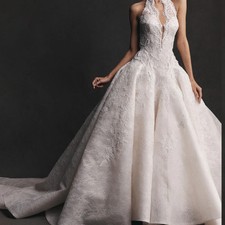 Sharon Said 2026 Elegant Lace Appliques Halter Deep V Neck Wedding Dress