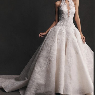 Sharon Said 2026 Elegant Lace Appliques Halter Deep V Neck Wedding Dress 