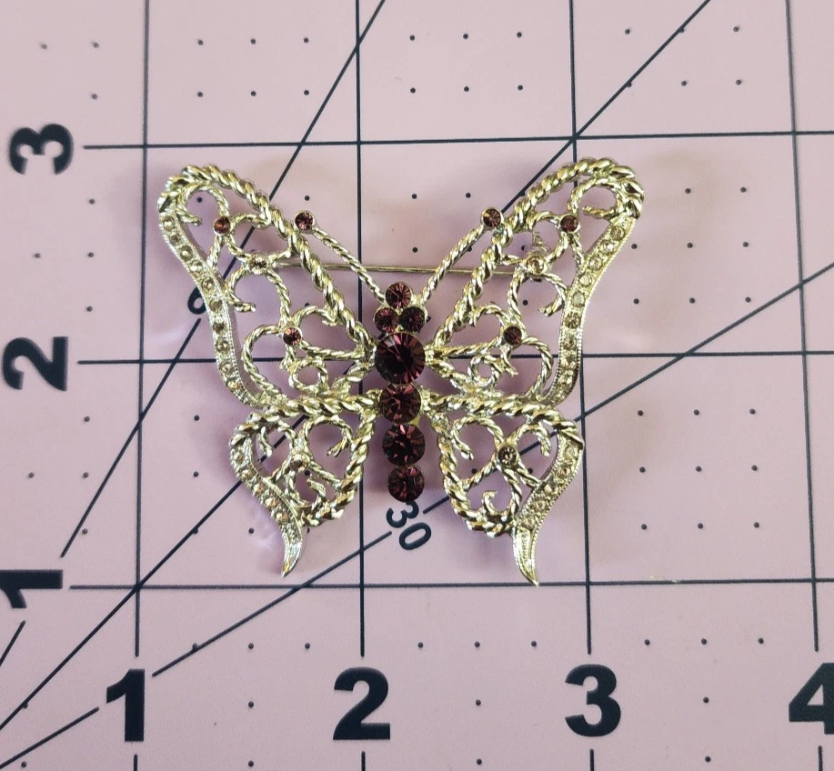 Butterfly Brooch French Barrette Hand Crafted Purple Rhinestones Special Elegant - Image 4 of 4