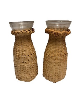 Carafe Glass wrapped in rattan set of 2 one has a tiny  chip 6  tall Vintage