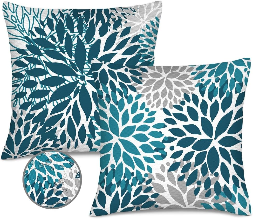 Outdoor Waterproof Blue Teal Pillow Covers Set of 2 18X18 Inch Decorative Turquo