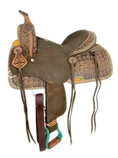 Barrel Saddle with Teal Micro Flower Tooling & Buck Stitch Full QH Bars 15" NEW