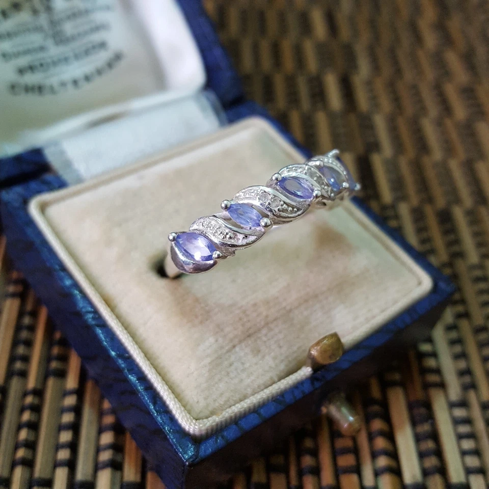 Anillo de plata de ley 925, banda de tanzanita genuina, talla P EE. UU. 7,5 Foto 3 de 4