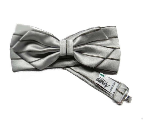 Papillon Homme Cérémonie Avec Pointes Gris Perle Clair À Rayures Noires Raffiné - Bild 3 von 5