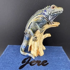 Jere Bejeweled CAYMAN Blue Iguana on Branch Trinket Box W Necklace