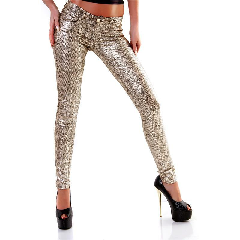Mujer Pantalón Pitillo Metálico Con Animal Aspecto de Reptil Oro #H1733