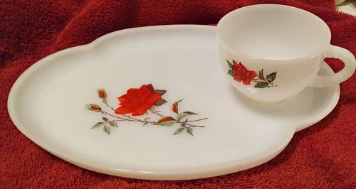 Vintage Rosecrest Milk glass snack set and one cup - Federal