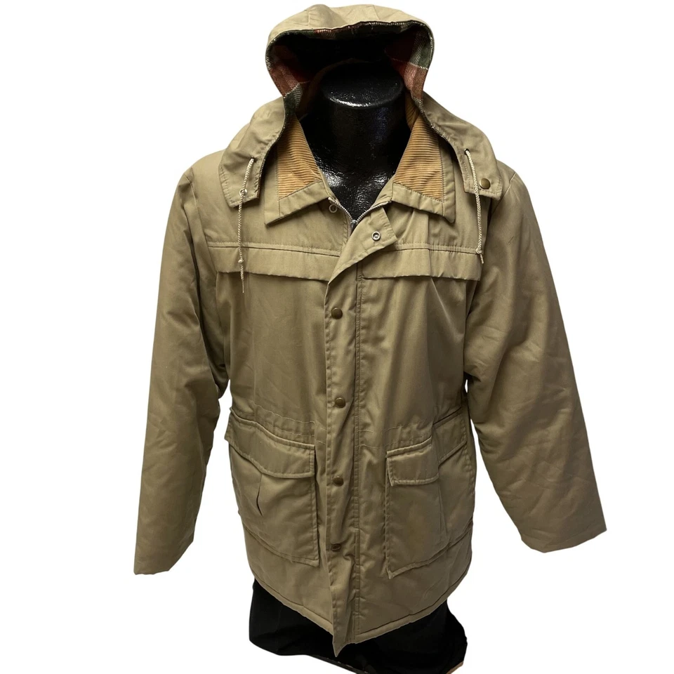 De Colección Años 70 MOD Caqui AISLADO Abrigo de Invierno Franela Cuadros Capucha Chaqueta de Caza L Foto 2 de 4