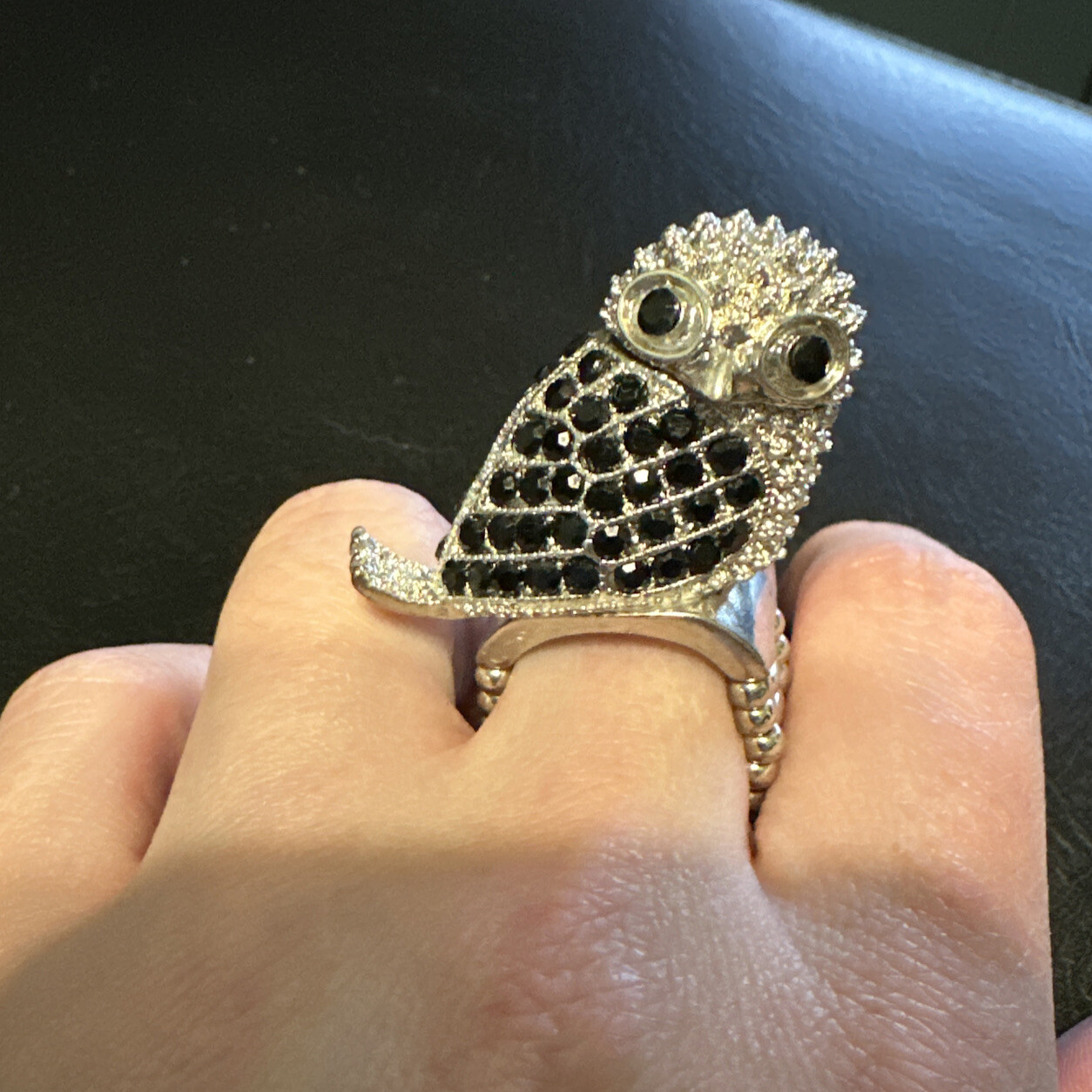 Rhinestone Owl Ring Cocktail Statement Stretch Si… - image 1