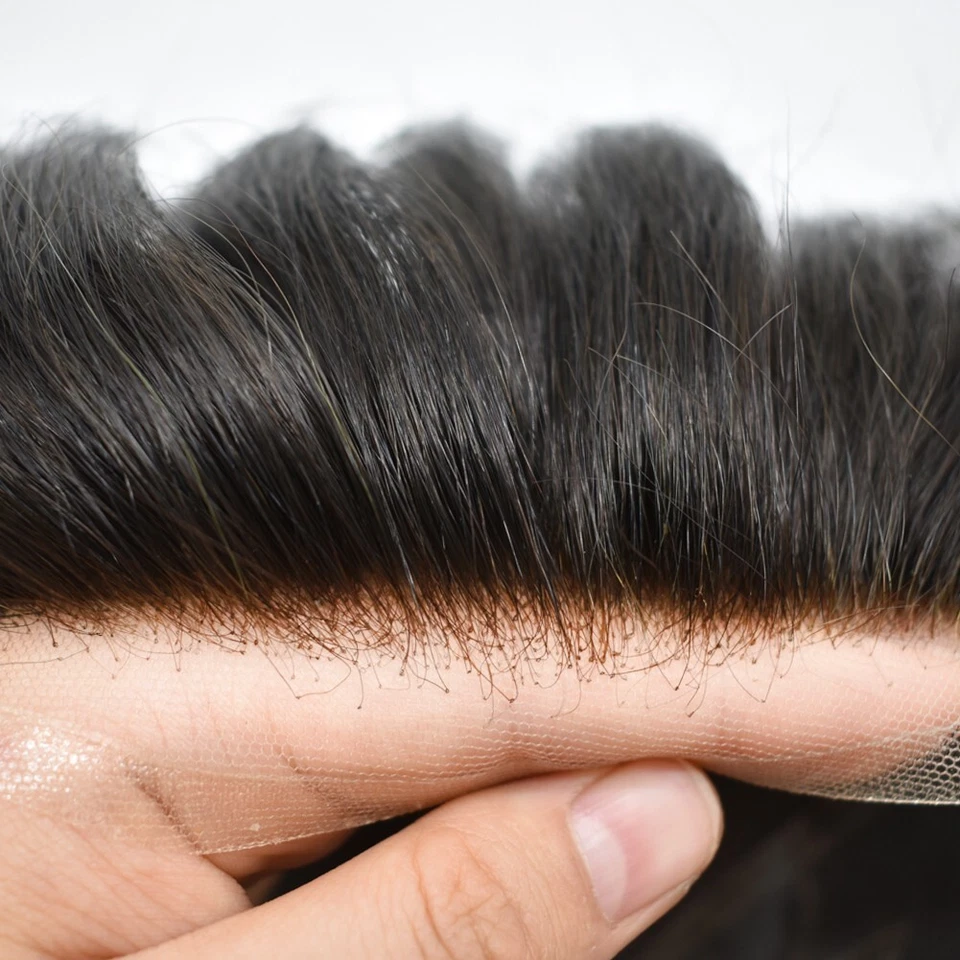 Pelucas de repuesto de sistema capilar Toupee para hombre frente de encaje francés poli piel PU para hombre Foto 2 de 4