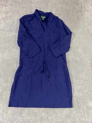 LL Bean Dress Dk Blue With Tie Waist Size L  Pockets Tie Waist Collar