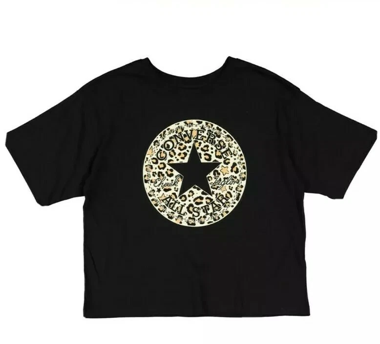 CONVERSE Black And LEOPARD PRINT Top T shirt GIRLS 12 13 years