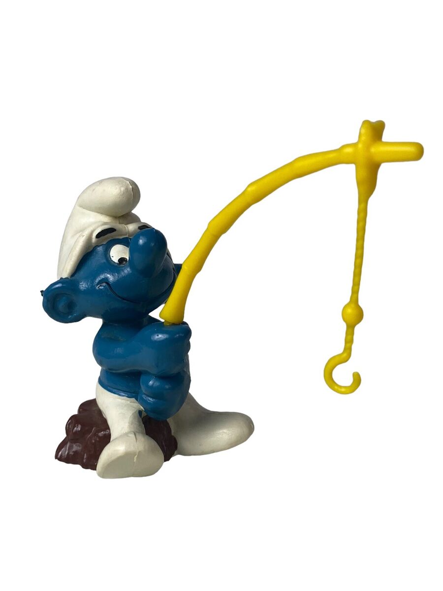 1979 Schleich Peyo Angler Smurf Fishing On A Stump Toy Rare