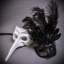 Black & White Matching Couple's Masquerade Masks Long Nose Party Feather Mask