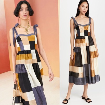 NEW Ulla Johnson Minerva Patchwork Midi Dress Blue Gold Sz 8 Editorial Soft Girl