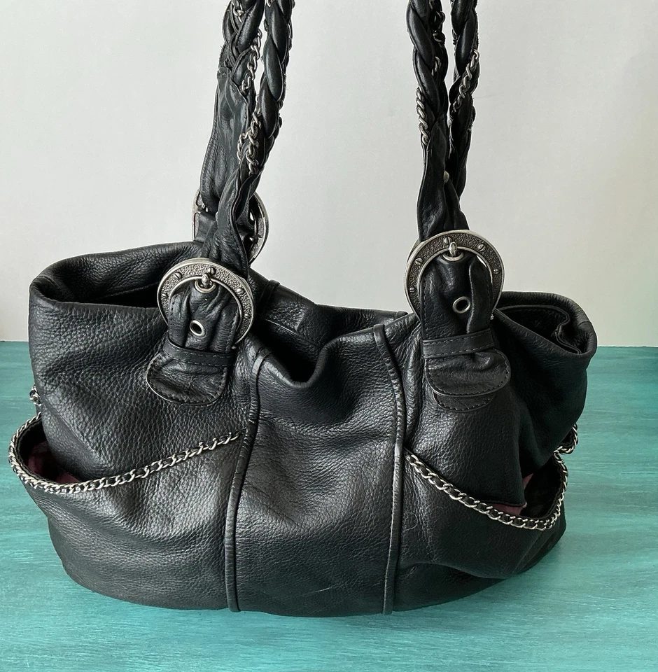 Bolso Hobo Betsey Johnson Vintage Y2K Cuero Negro Motociclista Rock Western Gitano Cartera Foto 4 de 4