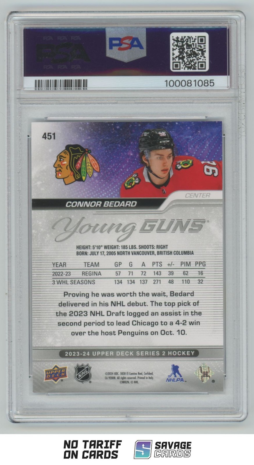 2023-24 Upper Deck Young Guns Connor Bedard PSA 10 #451 Chicago Blackhawks view 2