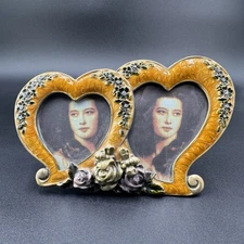 Vintage Style Picture Frame Double Heart Rare Orange With Roses