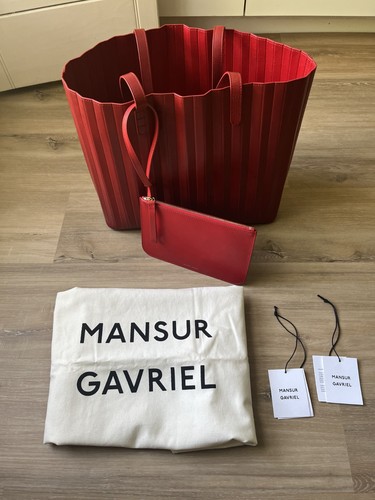 Mansur Gavriel Flamma Red Pleated Leather Open Large Tote Bag With Pouch