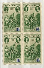 FRENCH COLONIES; REUNION 1943 Affiliation Anniversary MINT MNH BLOCK of 4, 80c.
