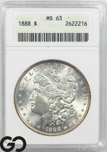 1888 Morgan Silver Dollar Coin ANACS MS 63 ** Old Soap Box Holder!