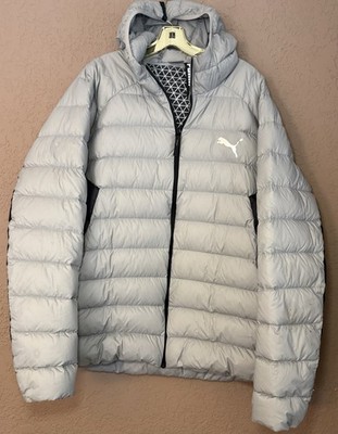 PUMA Gray W Black Down Hooded Puffer Coat Jacket 849355-14 Zip Front Outdoor XXL