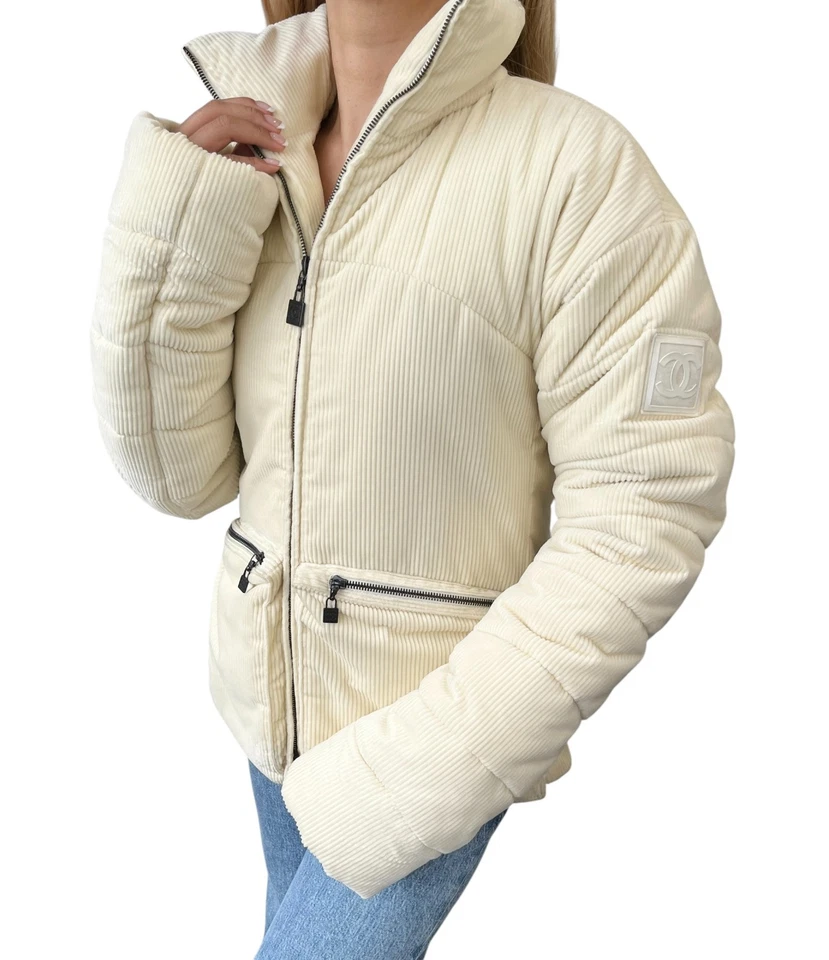 CHANEL Sport Vintage CC Corduroy Puffer Jacket Zip #36 Cream Black Silver - Image 2 of 4
