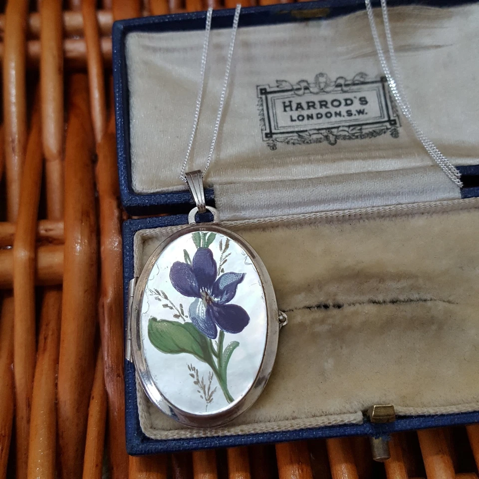 Vintage 925 Sterling Silver Necklace, Vintage Locket, Hand Painted Flower, 1975 — 第 2/4 张图片