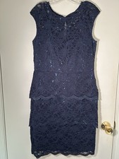 BLU SAGE Dark Blue Sleeveless Lace Sparkle Knee Length Tiered Shift Dress Sz 12