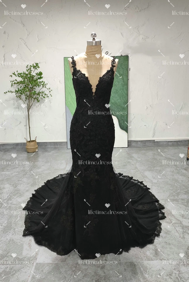 Русалка черный свадебные платья V шеи Gothic тюль без рукавов кружева свадебные платья - Изображение 2 из 4