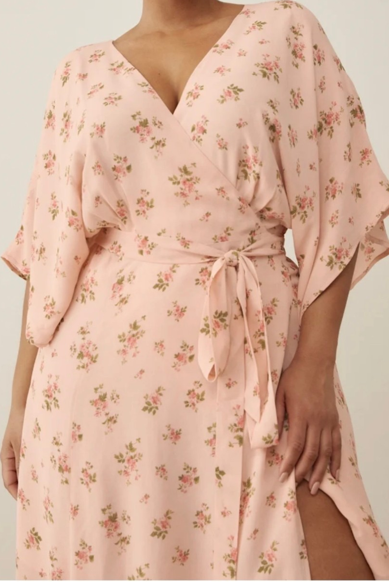 Reformation Pink Floral Wrap Maxi Dress 2X Plus V-Neck Tie Waist