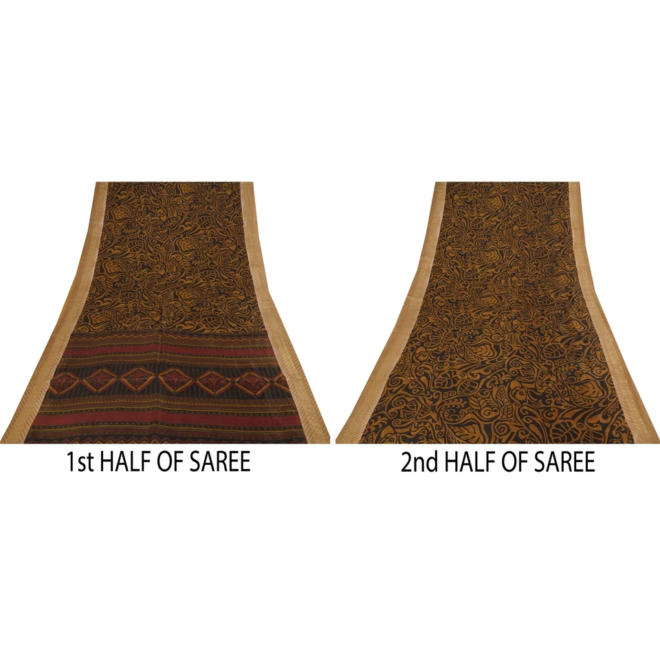 Tecido para artesanato Sanskriti Vintage Sarees preto e marrom seda pura estampado Sari 5+Yd - Imagem 4 de 4