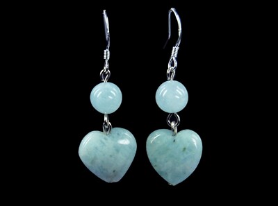 Beautiful 925 Silver Aquamarine Ball and Heart Shape Earrings Ear Hooks 