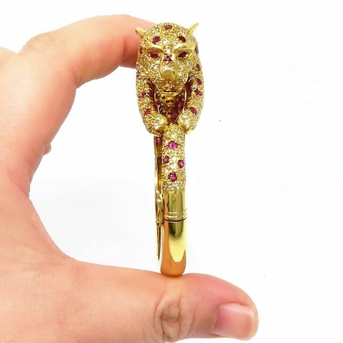 7Ct Lab Created Ruby Diamond Leopard Panther Bangle Bracelet Yellow Gold Finish - Picture 2 of 4