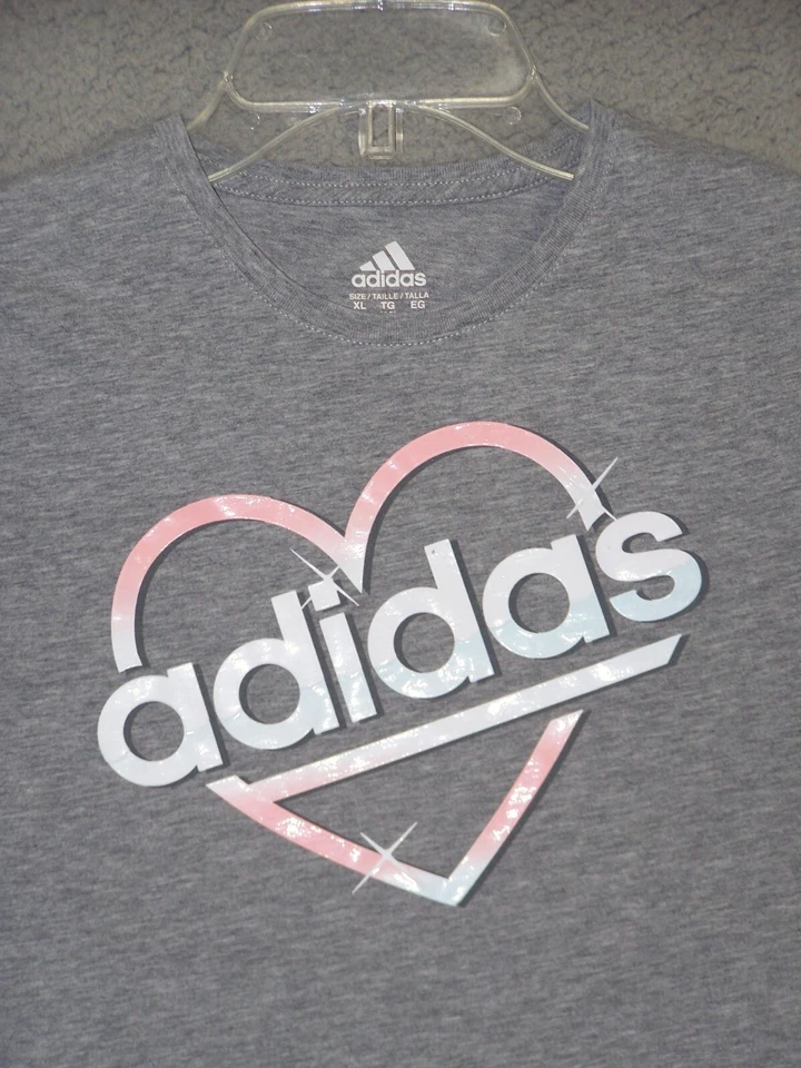 Adidas Shirt Youth Extra Large Gray Graphic Heavy Painted Logo Pink Sport Girls - Image 2 of 4