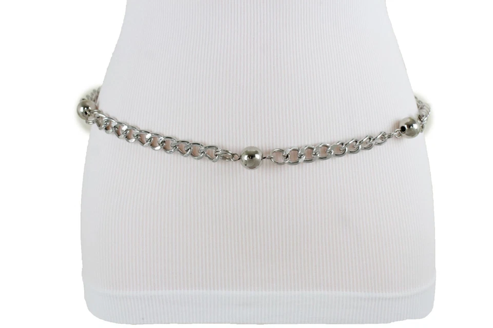 Mujeres Cinturón Plata Metal Cadena Bola Dije Cintura Ajustada Cadera Cintura Alta XS S M Foto 3 de 4
