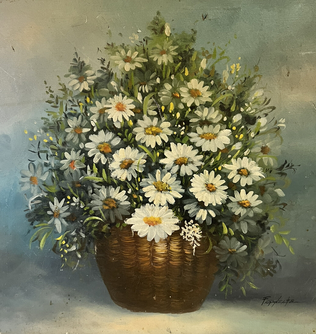 Original 1940s 50s Felix Pinto Gonzales Still Life Daisies Oil