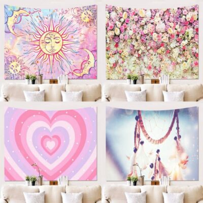 Romantic Pink Pattern Tapestry Home Deco Wall Hanging Bedside