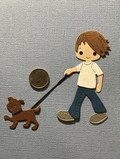 1 Boy Walking Dog Handmade Paper Die Cut Scrapbooking / Card Embellishment