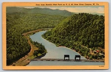 New River Canyon WV~Air View Dam From Haeks Nest Park~Vintage Linen Postcard