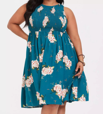 Torrid Midi Challis Smocked Floral High Neck Dress Blue 1 1X 14 16