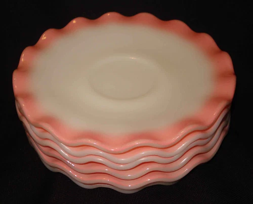 6 Vintage Hazel Atlas Crinoline Pink Milk Glass Ripple Handled Saucers for Cups