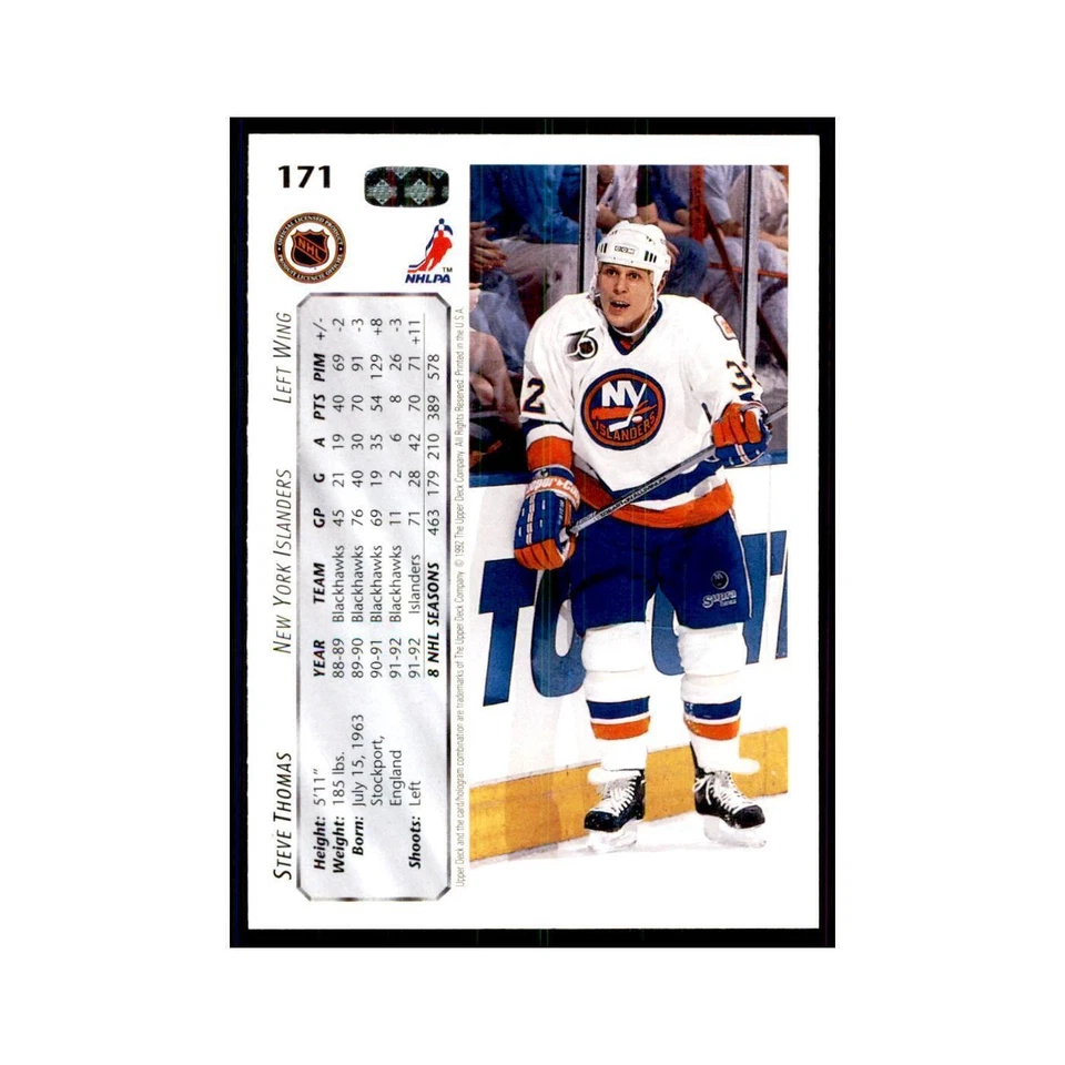 1992 Upper Deck Steve Thomas Hockey Cards #171 - Image 2 of 3