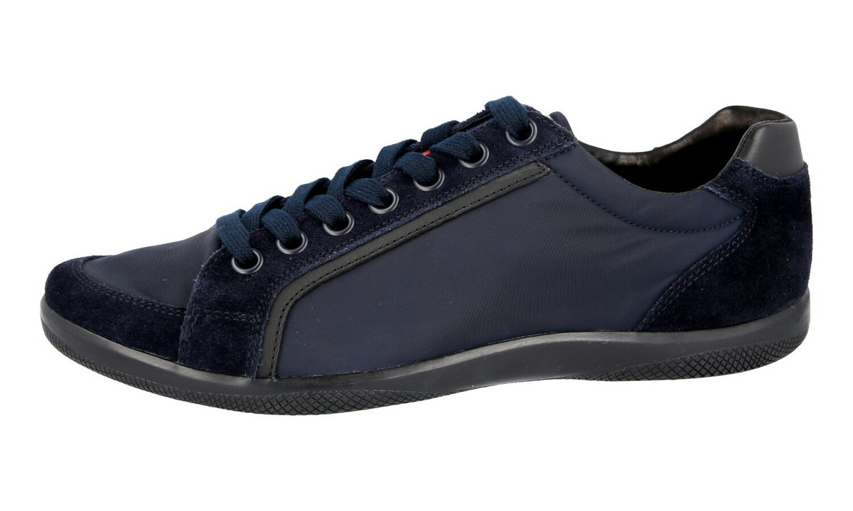 PRADA SNEAKERS SHOES NAVY BLUE BLACK LEATHER NYLON RED