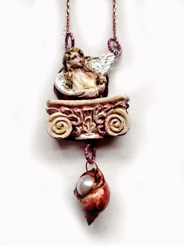 Collar Ángel Alado Querubín Talismán Barroco Colgante Amuleto Concha Joyería Dije Foto 4 de 4