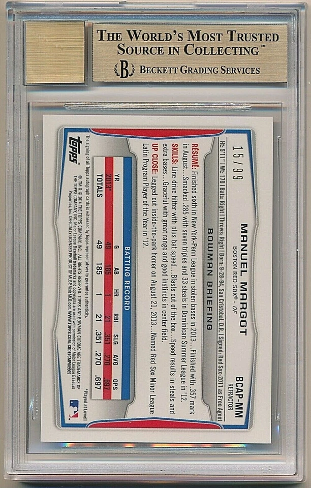 2014 Bowman Chrome MANUEL MARGOT  Refractor Auto BUBBLE #15/99 BGS 10 Pristine - Изображение 2 из 2