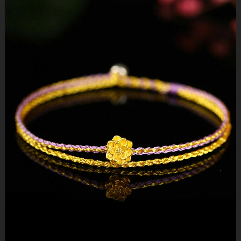 Pulsera tejida de loto de la suerte 3D de oro amarillo puro 999 24K regalo para mujer Foto 4 de 4