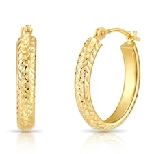 14K Real Solid Gold X Diamond-Cut Chunky Oval Creole Hoops Earrings All Size