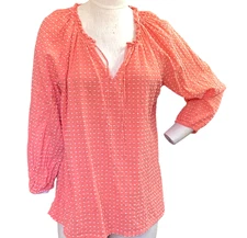 LOFT Cotton Textured-Swiss Dot Peasant Blouse Sz L Coral 36P