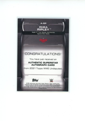 2021 Topps Undisputed WWE Rhea Ripley #A-RP Purple Parallel Auto 16/99 ...